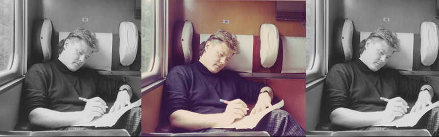 Dan Hartman relaxes on a european train